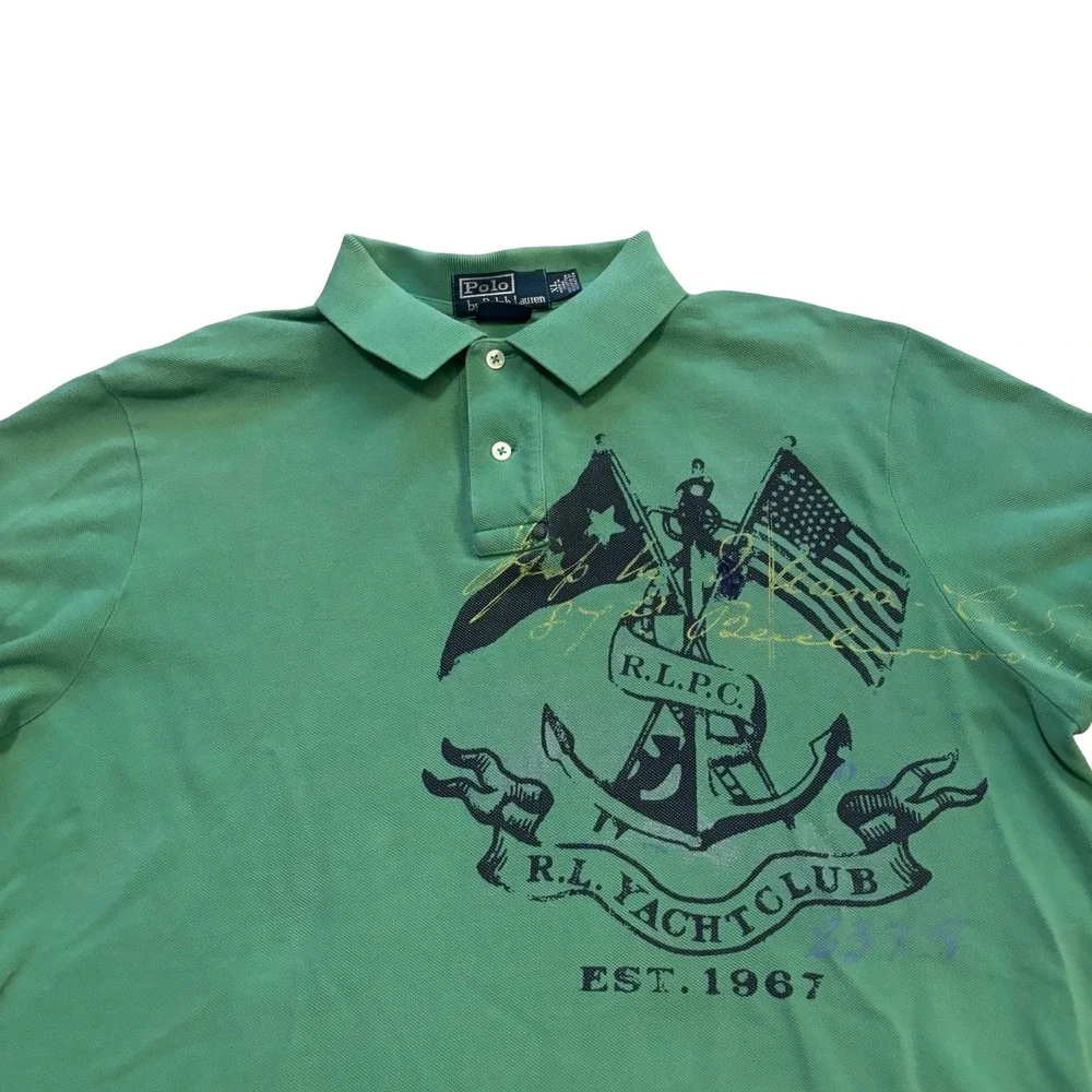 Polo Ralph Lauren Men XL Green Yacht Club Graphic Polo Shirt Custom Fit Cotton